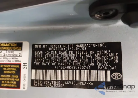 2009 Toyota Camry Le z USA, uszkodzony, nr VIN 4T1BE46K49U820741